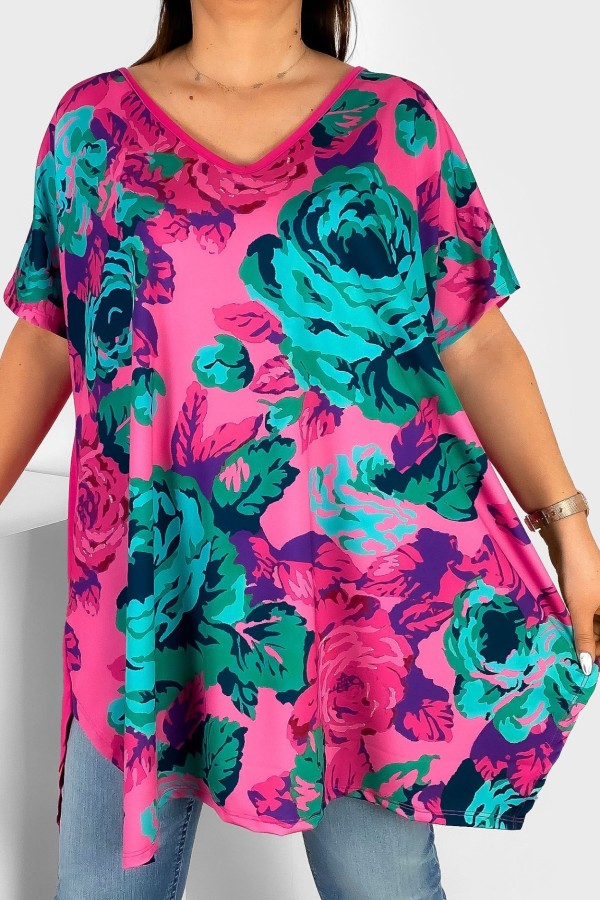 Tunika damska plus size nietoperz multikolor wzór różowo turkusowe róże Emilly