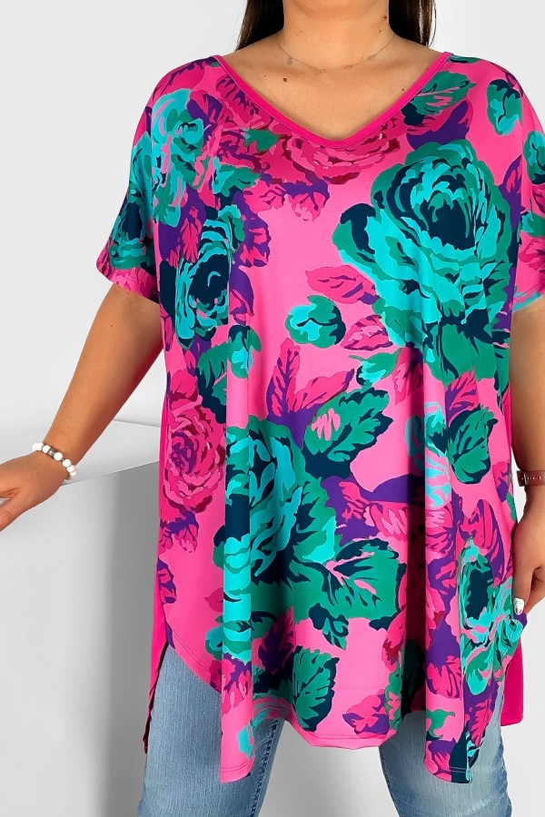 Tunika damska plus size nietoperz multikolor wzór różowo turkusowe róże Emilly 2