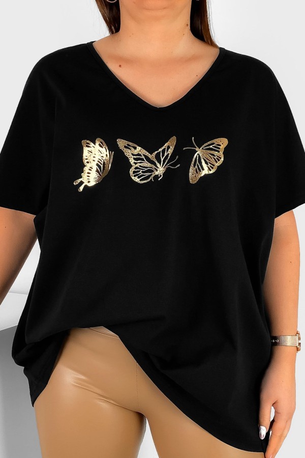 Bluzka damska T-shirt plus size w kolorze czarnym złoty nadruk motylki