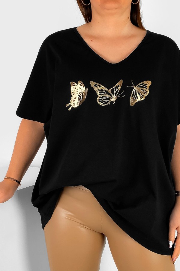 Bluzka damska T-shirt plus size w kolorze czarnym złoty nadruk motylki 1
