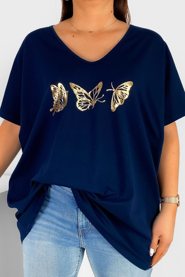 Bluzka damska T-shirt plus size w kolorze granatowym złoty nadruk motylki