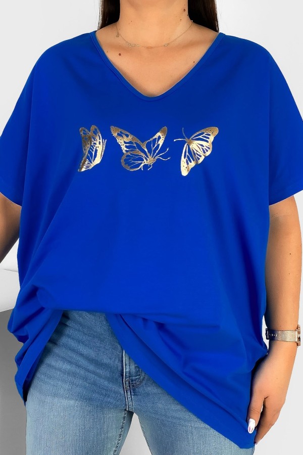 Bluzka damska T-shirt plus size w kolorze chabrowym złoty nadruk motylki