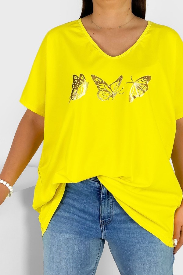 Bluzka damska T-shirt plus size w kolorze żółtym złoty nadruk motylki 1