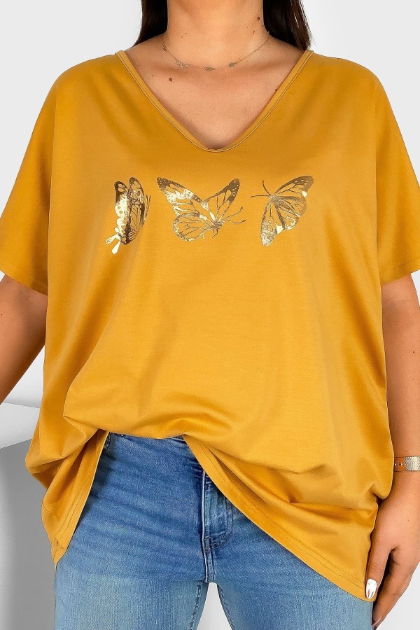 Bluzka damska T-shirt plus size w kolorze miodowym złoty nadruk motylki