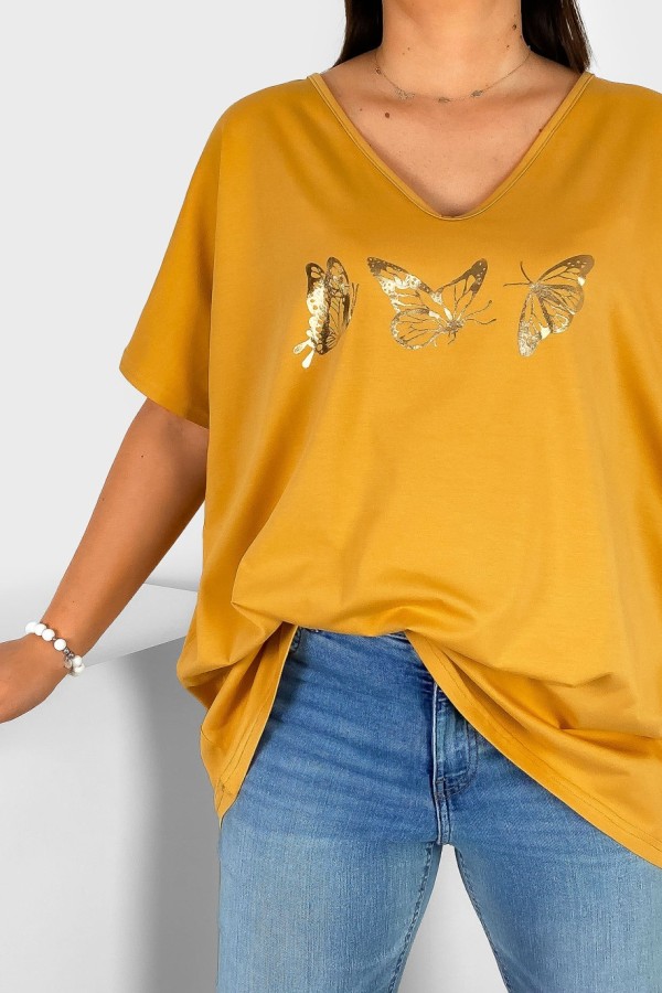 Bluzka damska T-shirt plus size w kolorze miodowym złoty nadruk motylki 1