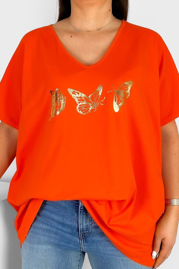 Bluzka damska T-shirt plus size w kolorze pomarańczowym złoty nadruk motylki