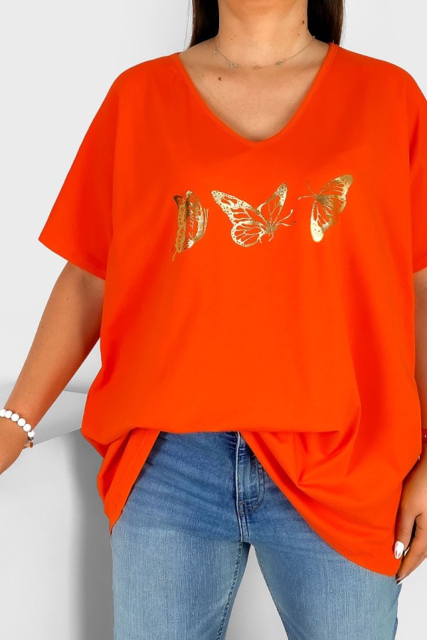 Bluzka damska T-shirt plus size w kolorze pomarańczowym złoty nadruk motylki 1
