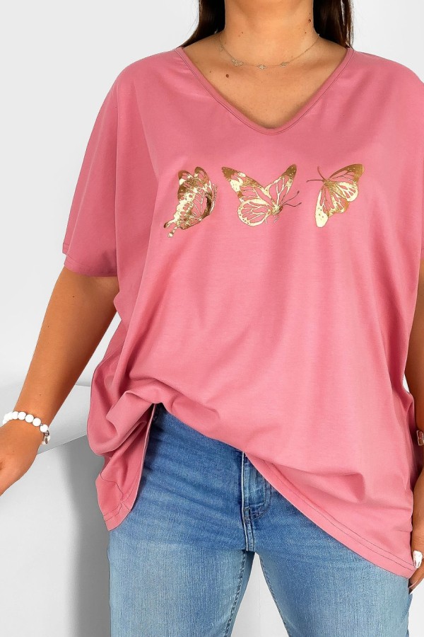 Bluzka damska T-shirt plus size w kolorze indyjskiego różu złoty nadruk motylki 1