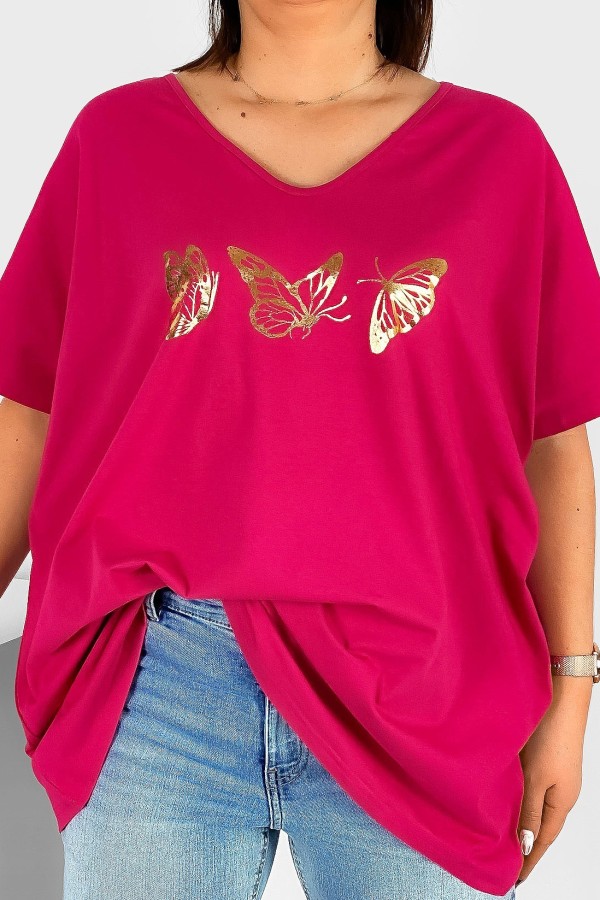 Bluzka damska T-shirt plus size w kolorze malinowym złoty nadruk motylki