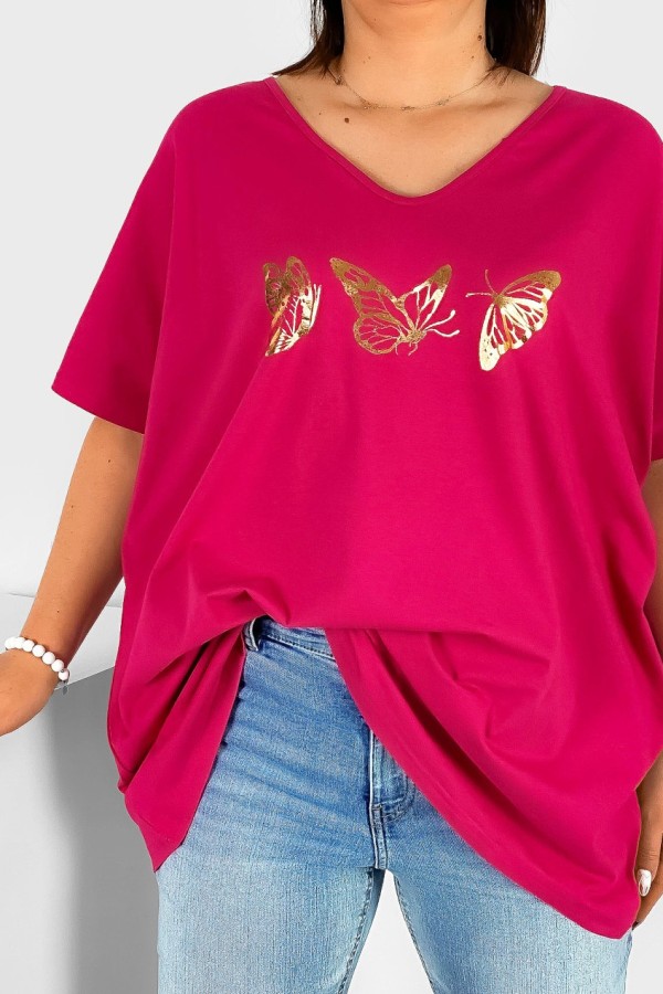 Bluzka damska T-shirt plus size w kolorze malinowym złoty nadruk motylki 1