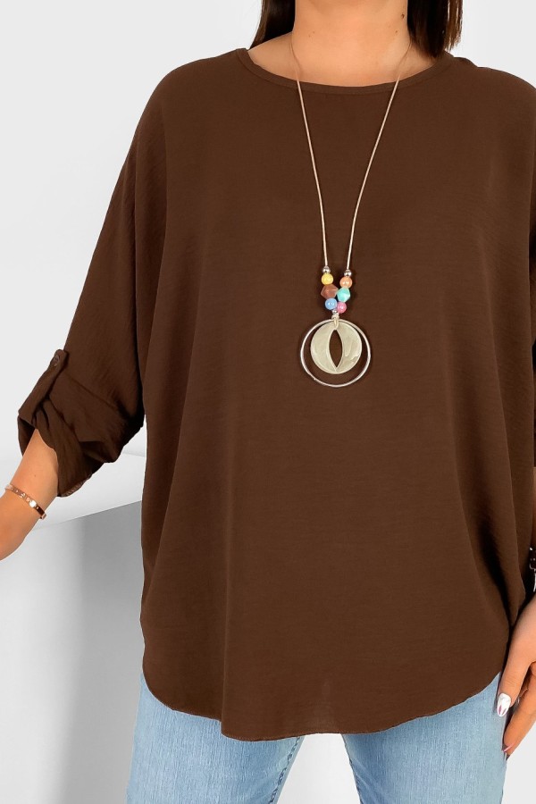 Duża koszula bluzka w kolorze brązowym oversize podpinany rękaw z naszyjnikiem Anne 2