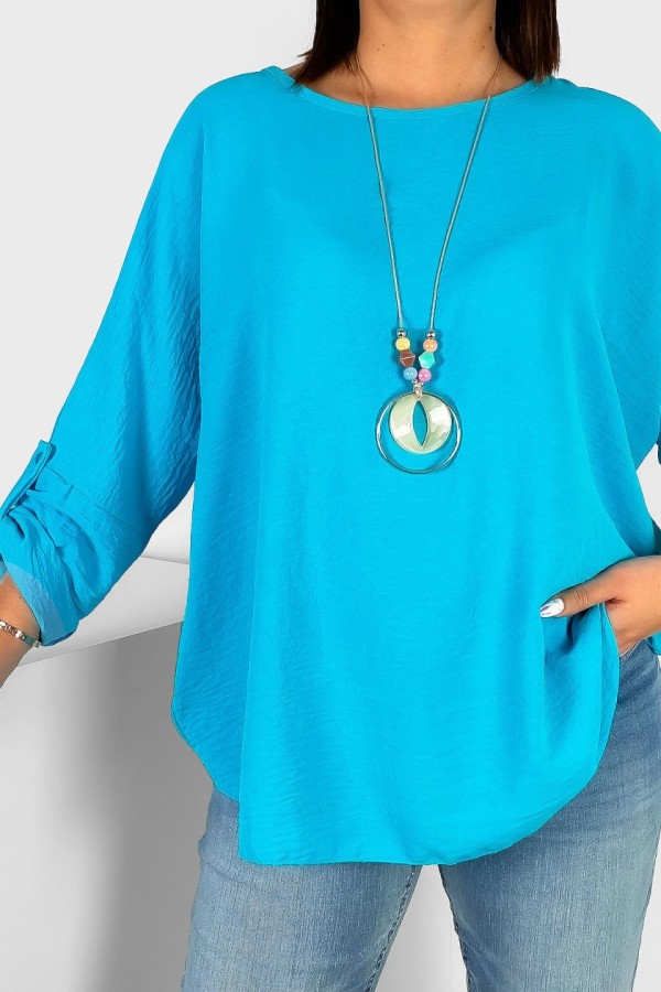 Duża koszula bluzka w kolorze turkusowym oversize podpinany rękaw z naszyjnikiem Anne 1