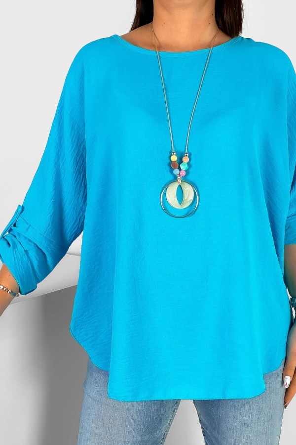 Duża koszula bluzka w kolorze turkusowym oversize podpinany rękaw z naszyjnikiem Anne 2