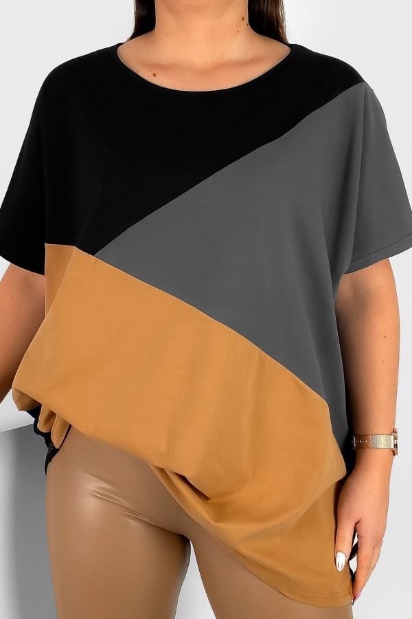 Bluzka damska T-shirt plus size łączone kolory czarny grafit camel Felicia