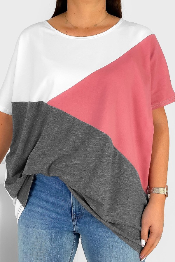 Bluzka damska T-shirt plus size łączone kolory biały grafit melanż róż Felicia
