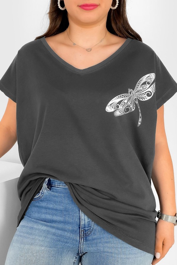 T-shirt damski plus size nietoperz dekolt w serek V-neck grafitowy ważka dragonfly
