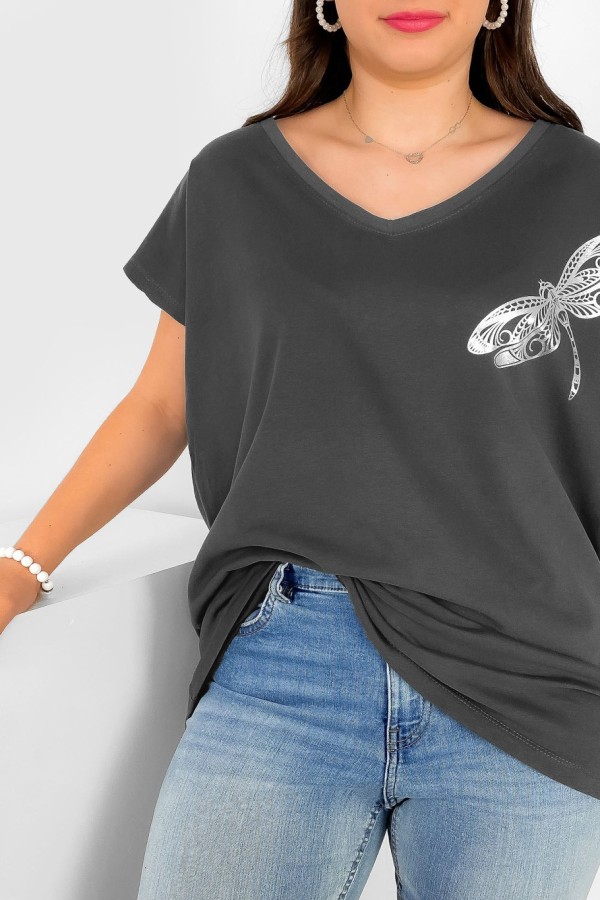 T-shirt damski plus size nietoperz dekolt w serek V-neck grafitowy ważka dragonfly 1