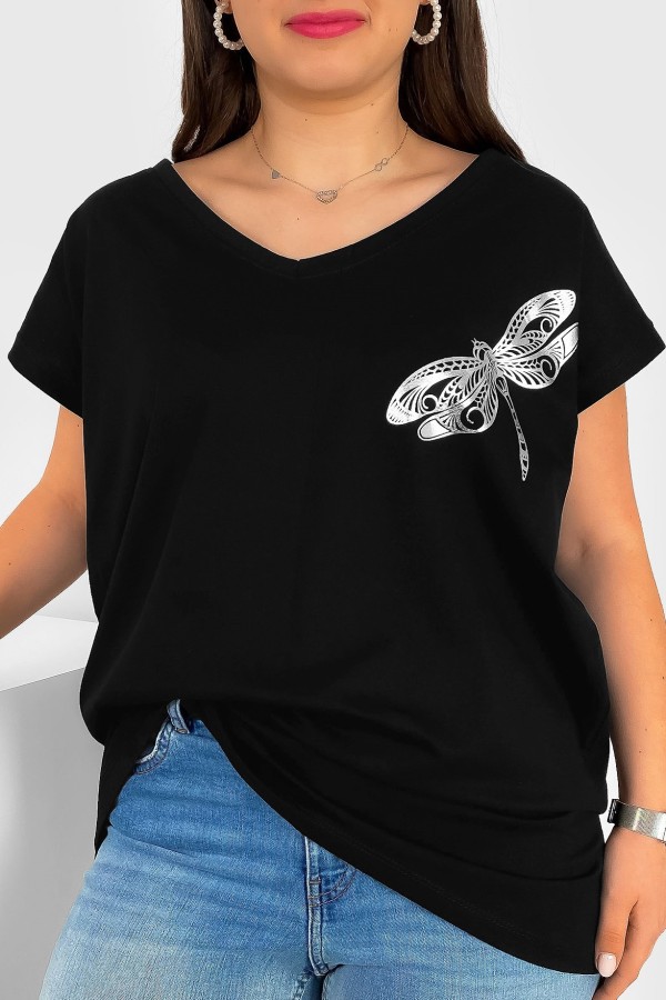 T-shirt damski plus size nietoperz dekolt w serek V-neck czarny ważka dragonfly