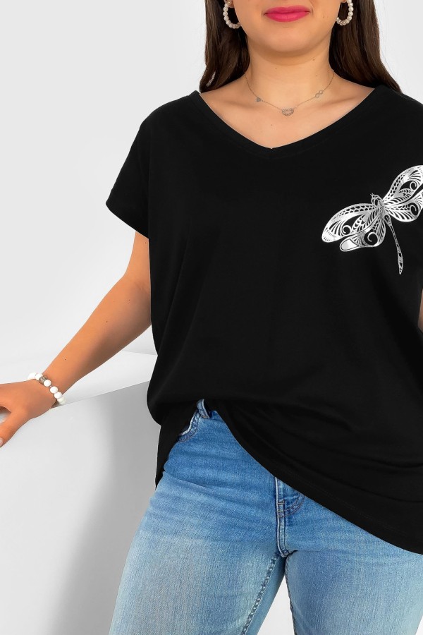 T-shirt damski plus size nietoperz dekolt w serek V-neck czarny ważka dragonfly 1