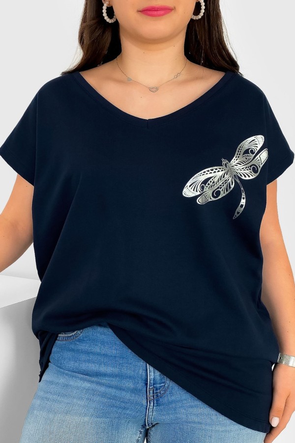 T-shirt damski plus size nietoperz dekolt w serek V-neck dark navy ważka dragonfly