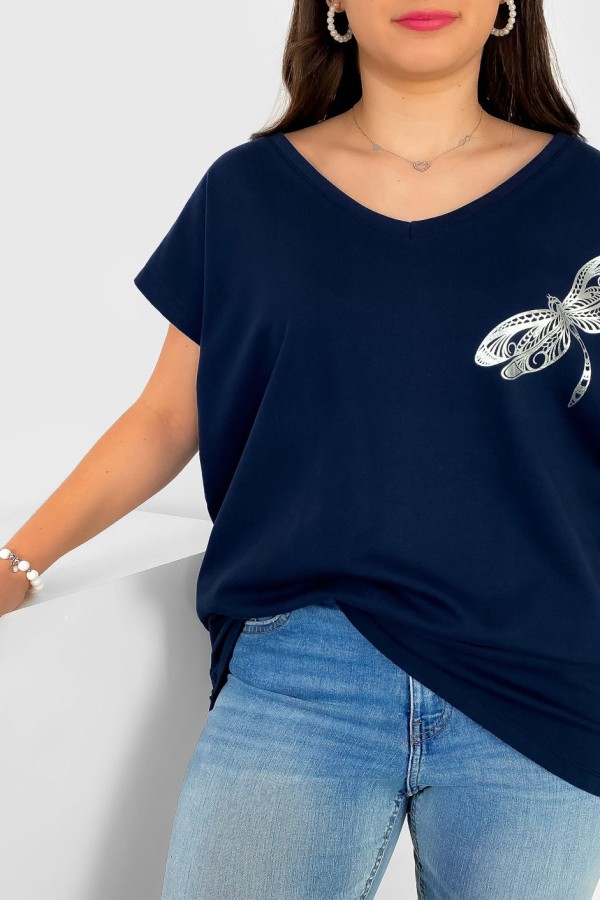 T-shirt damski plus size nietoperz dekolt w serek V-neck granatowy ważka dragonfly 1