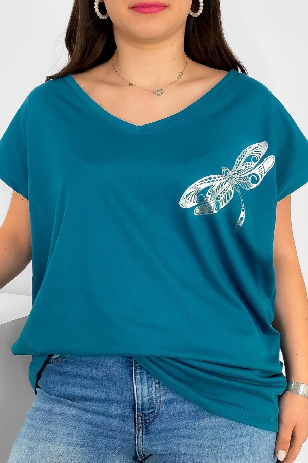 T-shirt damski plus size nietoperz dekolt w serek V-neck morski ważka dragonfly