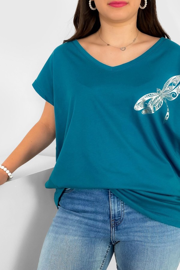 T-shirt damski plus size nietoperz dekolt w serek V-neck morski ważka dragonfly 1