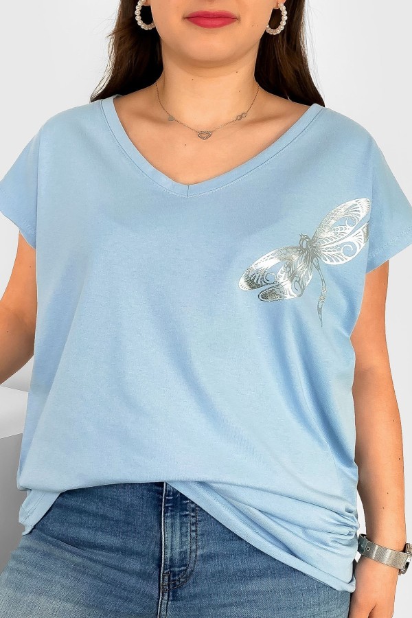 T-shirt damski plus size nietoperz dekolt w serek V-neck błękitny ważka dragonfly