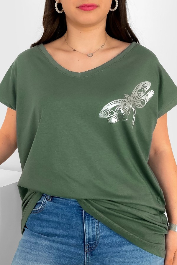 T-shirt damski plus size nietoperz dekolt w serek V-neck khaki ważka dragonfly