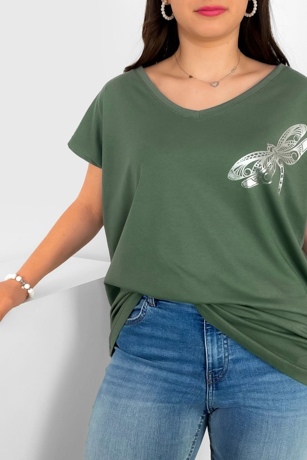 T-shirt damski plus size nietoperz dekolt w serek V-neck khaki ważka dragonfly 1
