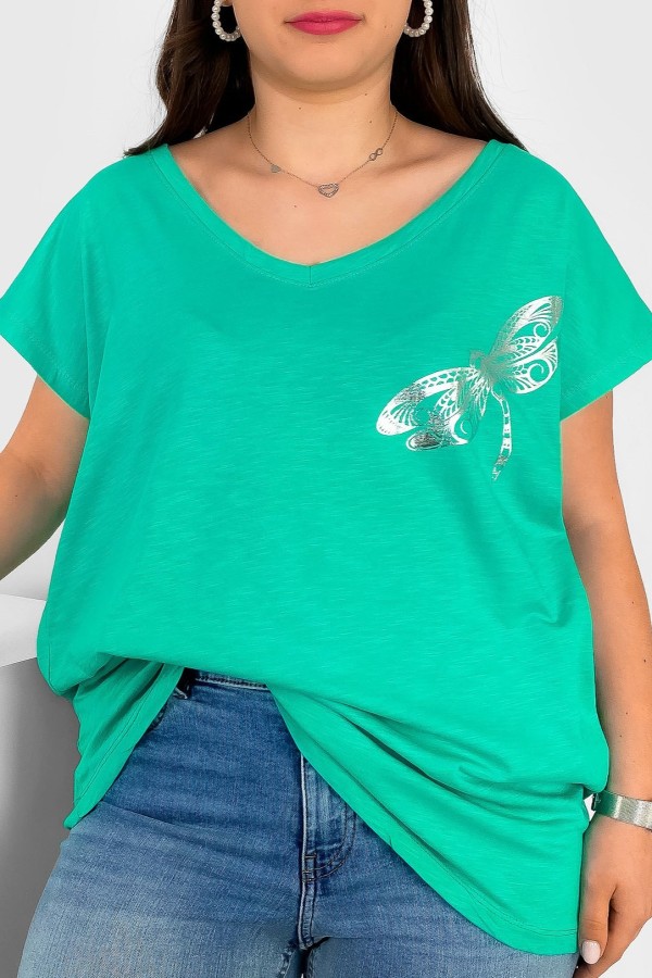 T-shirt damski plus size nietoperz dekolt w serek V-neck morski zielony ważka dragonfly