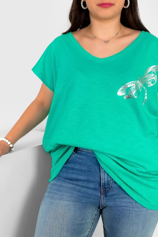 T-shirt damski plus size nietoperz dekolt w serek V-neck morski zielony ważka dragonfly 1