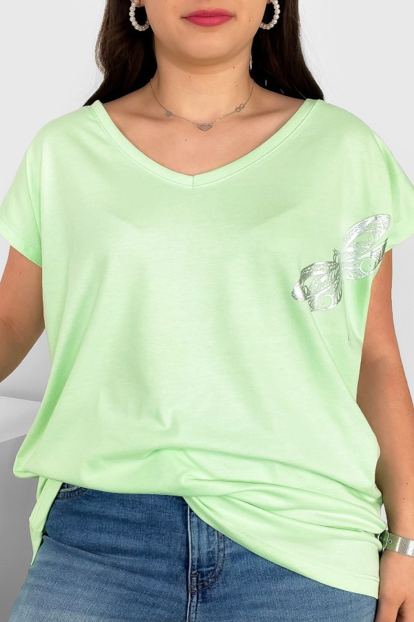 T-shirt damski plus size nietoperz dekolt w serek V-neck zielona herbata ważka dragonfly