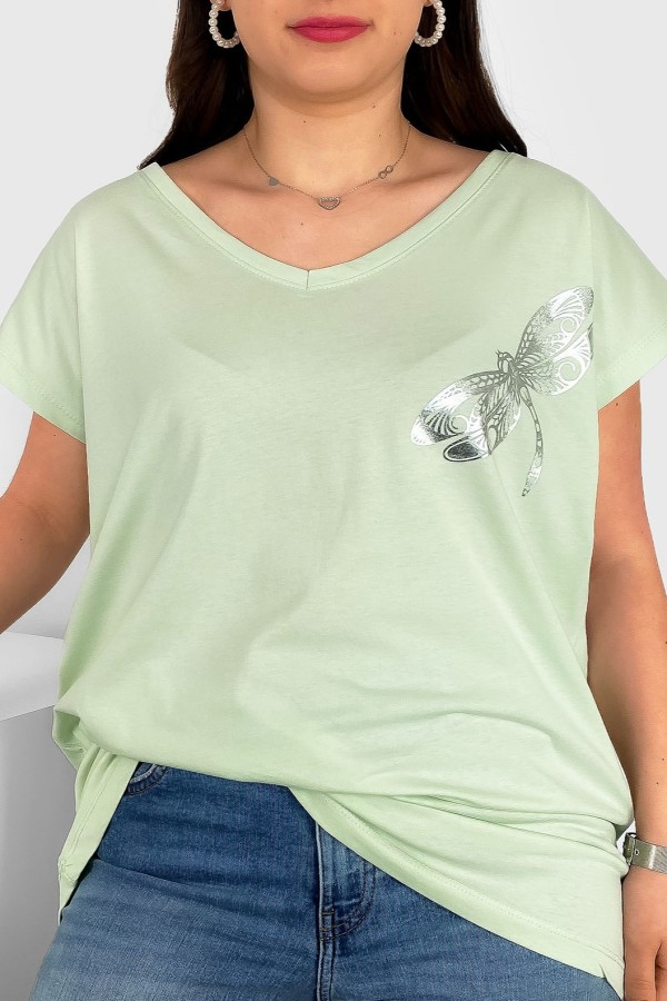 T-shirt damski plus size nietoperz dekolt w serek V-neck seledynowy ważka dragonfly