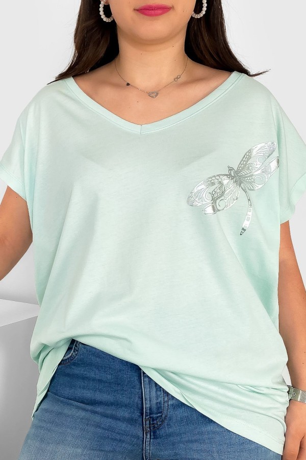 T-shirt damski plus size nietoperz dekolt w serek V-neck miętowy ważka dragonfly