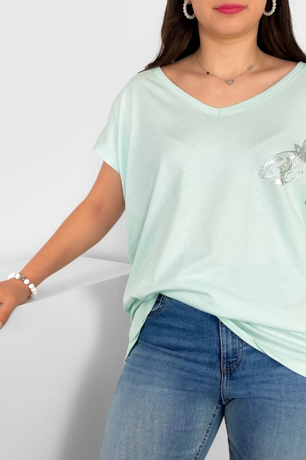 T-shirt damski plus size nietoperz dekolt w serek V-neck miętowy ważka dragonfly 1
