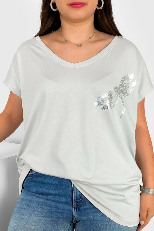 T-shirt damski plus size nietoperz dekolt w serek V-neck jasny szary ważka dragonfly