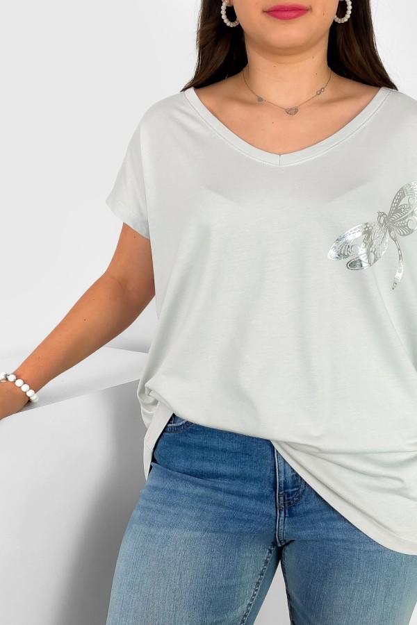 T-shirt damski plus size nietoperz dekolt w serek V-neck jasny szary ważka dragonfly 1