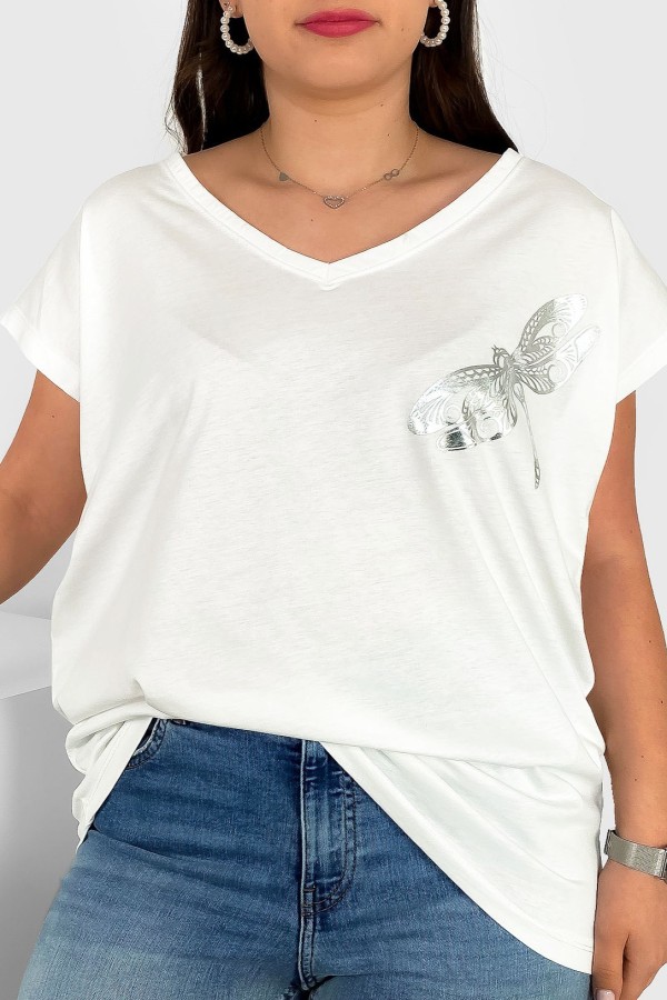 T-shirt damski plus size nietoperz dekolt w serek V-neck ecru ważka dragonfly