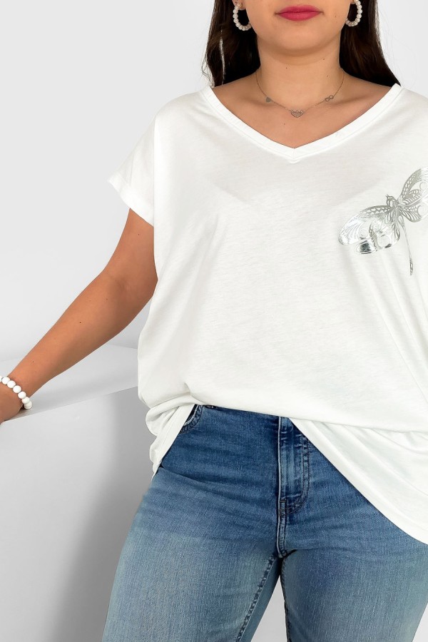 T-shirt damski plus size nietoperz dekolt w serek V-neck ecru ważka dragonfly 1