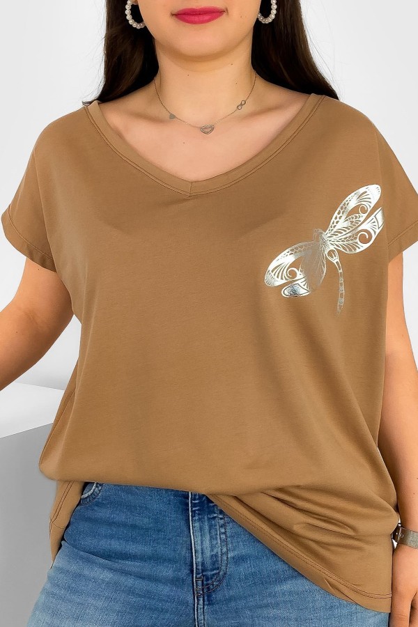 T-shirt damski plus size nietoperz dekolt w serek V-neck camelowy ważka dragonfly