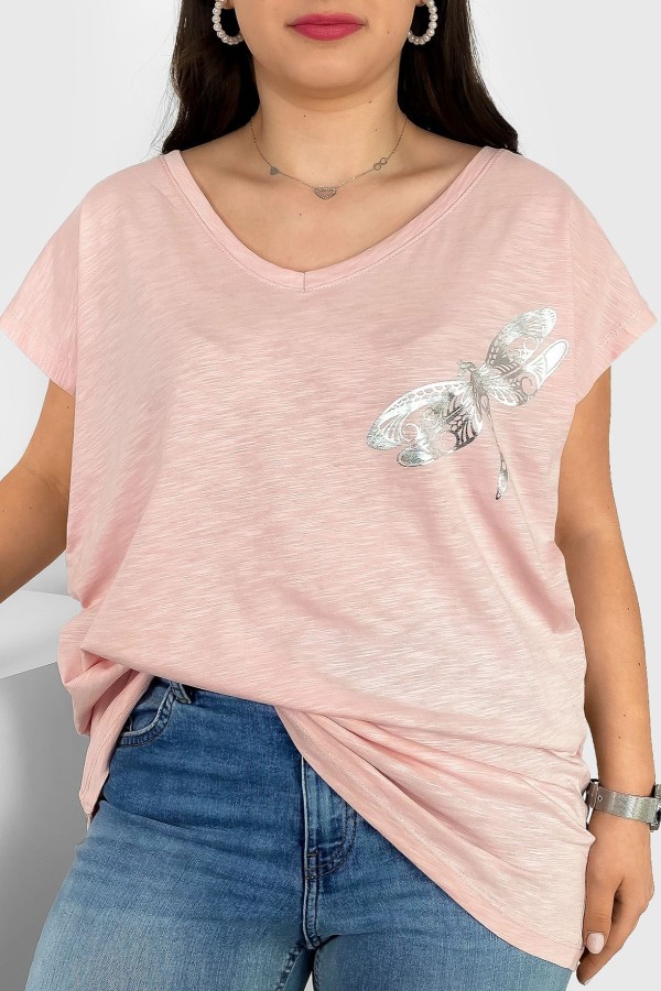 T-shirt damski plus size nietoperz dekolt w serek V-neck pudrowy melanż ważka dragonfly