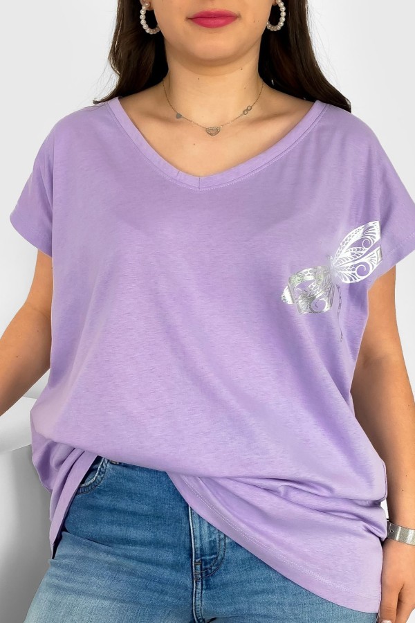T-shirt damski plus size nietoperz dekolt w serek V-neck lila fiolet ważka dragonfly