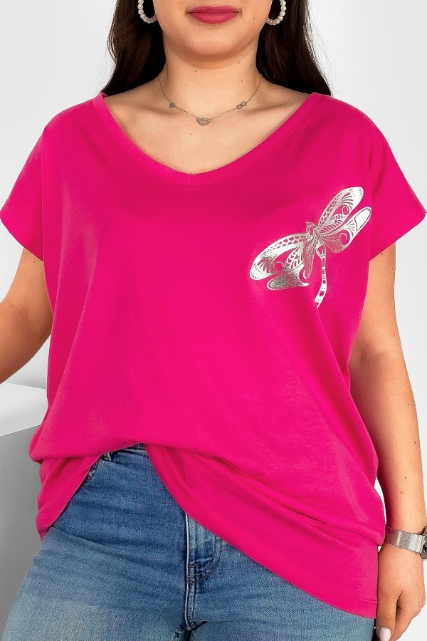 T-shirt damski plus size nietoperz dekolt w serek V-neck różowy ważka dragonfly