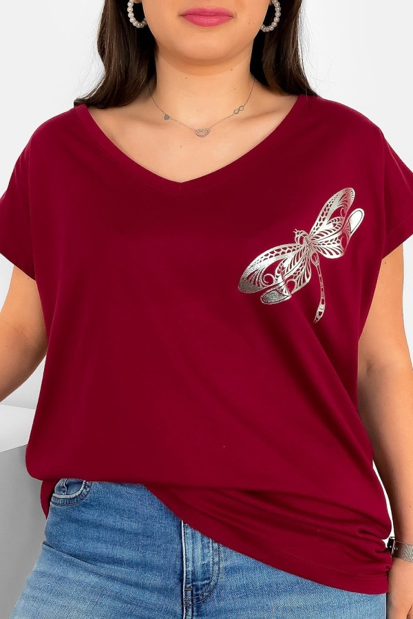 T-shirt damski plus size nietoperz dekolt w serek V-neck bordowy ważka dragonfly