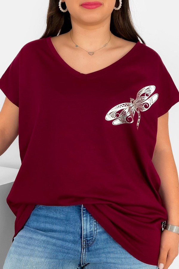 T-shirt damski plus size nietoperz dekolt w serek V-neck burgundowy ważka dragonfly