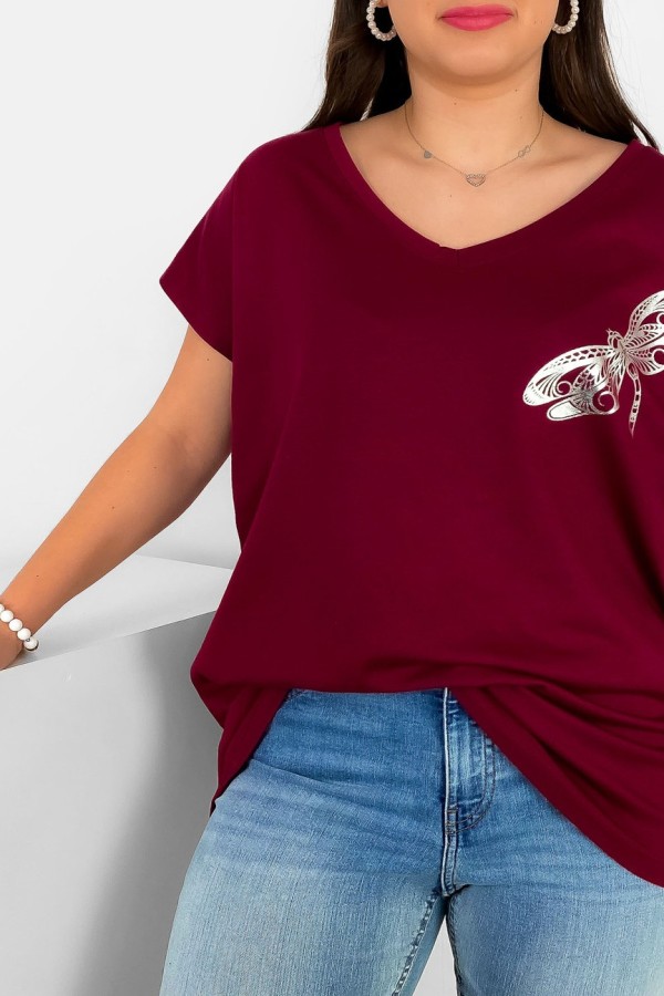 T-shirt damski plus size nietoperz dekolt w serek V-neck burgundowy ważka dragonfly 1
