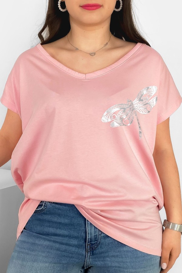 T-shirt damski plus size nietoperz dekolt w serek V-neck pudrowy ważka dragonfly