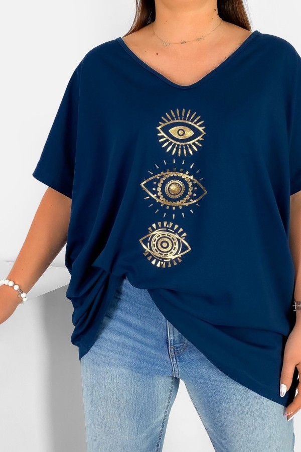Bluzka damska T-shirt plus size w kolorze granatowym złoty nadruk oczy eyes 1
