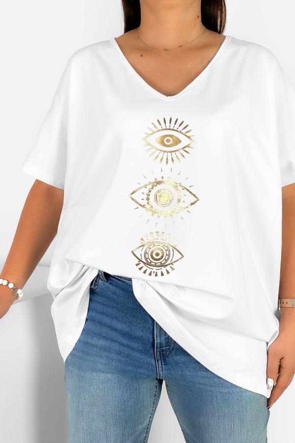 Bluzka damska T-shirt plus size w kolorze białym złoty nadruk oczy eyes 1
